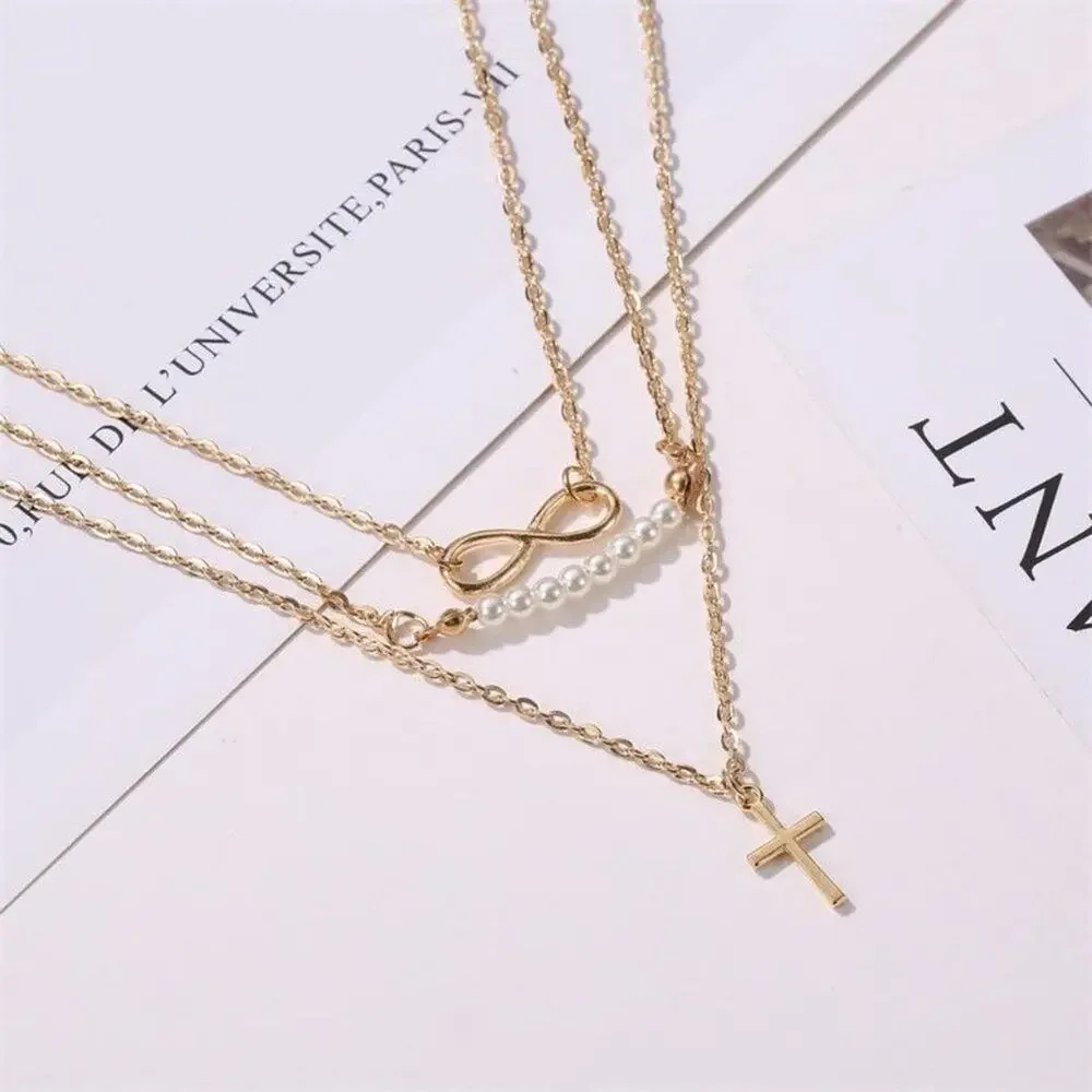 Long 8 Word Pearl Multi-layer Necklace Cross Pendant Necklace Gold Chain‎